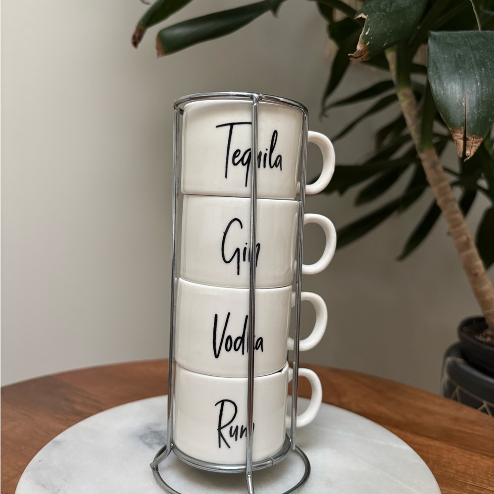 Stackable White Ceramic Espresso Shot Cup Set with Metal Rack - Picture 2 of 9